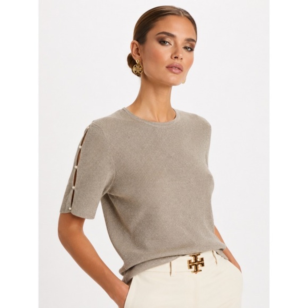Les Serein Sara Crewneck Short Sleeve Metallic Pearl‎ Accent Sweater XL NWT